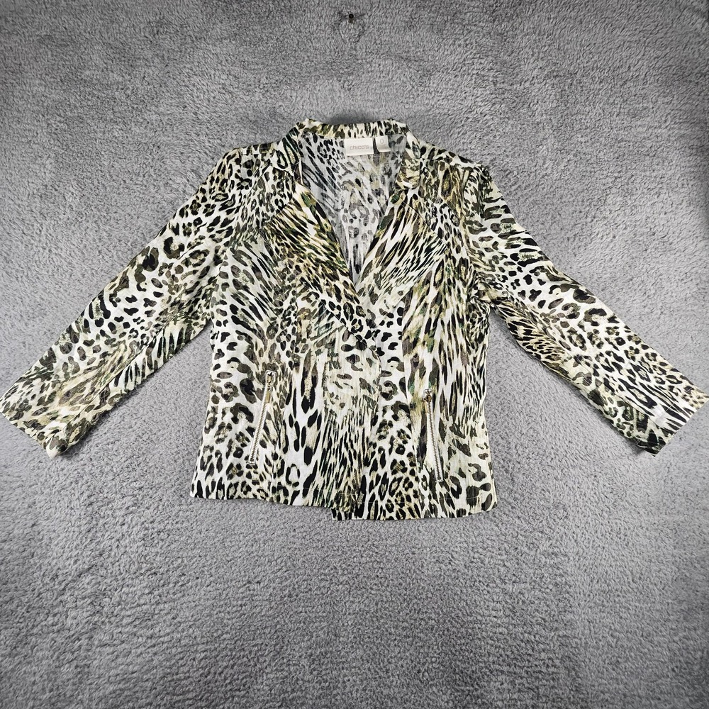 Chicos Blazer Women 0 XS Animal Print 100% Linen LS Zip Pocket Cheetah Old Money